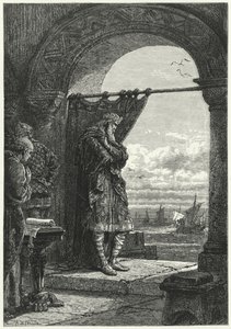 Charlemagne katselee huolestuneena normannilaisia ratsastajia kuljettavien alusten lähestymistä (kaiverrus) tekijältä Alphonse Marie de (after) Neuville