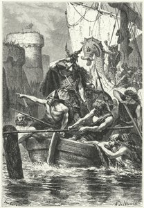 Normanin laivasto hyökkää Pariisiin, 885 (kaiverrus) tekijältä Alphonse Marie de (after) Neuville