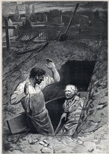 Ylösnousemus on melkein yhtä pelottava kuin kuolema: Fauchelevent ja Jean Valjean - Alphonse de Neuvillen (1836-1885) kuvitus elokuvalle "Les miserables - Toinen osa: Cosette", Victor Hugo (1802-1885) 1862 tekijältä Alphonse Marie de Neuville