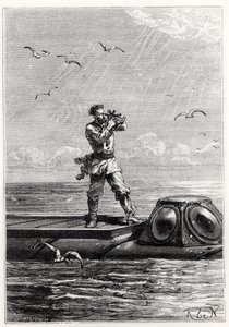 Kapteeni Nemo Nautiluksen päällä, Jules Vernen (1828-1905) teoksesta "20 000 liigaa meren alla", kaivertanut Henri Theophile Hildibrand (1824-97)