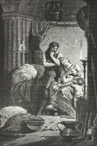 Eponine de Langres imettää Julius Sabinuksen lasta luolassa (kaiverrus). tekijältä Alphonse Marie de Neuville