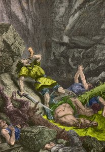 Ritari Roland soittaa torveaan Roncesvallesissa vuonna 778 (kaiverrus). tekijältä Alphonse Marie de Neuville