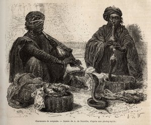 Les charmeurs de käärmeet, jotka käyvät kauppaa matelijoilla, joita he houkuttelevat puhaltamalla toumriliinsa (huilu), kaiverrus A. de Neuvillen piirustuksen mukaan, havainnollistaen rajahien matkaa Intiaan vuosina 1864-1868, Louis Rousselet, julkaissut " tekijältä Alphonse Marie de Neuville