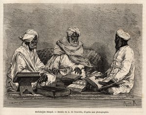 Les mullahs de la mosque de Bhopal, jossa käsitellään täydellisesti muslimien uskonnon kiistanalaisia kohtia, kaiverrus A. de Neuvillen piirustuksen jälkeen, havainnollistaen rajahien matkaa Intiassa vuosina 1864-1868, Louis Rousselet, julkaissut v. "" Le  tekijältä Alphonse Marie de Neuville