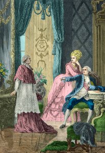 Marie Antoinette ja Ludvig 16 kuulustelevat kardinaali de Rohania kaulakoruasiasta. tekijältä Alphonse Marie de Neuville