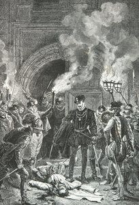 Saint Barthelemyn verilöyly, Duc de Guise työntää jalallaan Gaspard de Colignyn ruumista (kaiverrus) (kaiverrus) tekijältä Alphonse Marie de Neuville