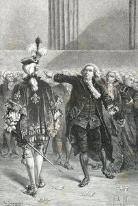 Mirabeau huudahtaa: "Menkää ja kertokaa niille, jotka lähettivät teidät, että olemme täällä kansan tahdosta ja että pääsemme pois täältä vain pistimillä." tekijältä Alphonse Marie de Neuville