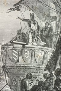 Rikhard Leijonasydän lähtee Pyhältä maalta vuonna 1192 (kaiverrus). tekijältä Alphonse Marie de Neuville