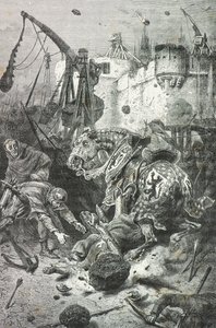 Simon 4 de montfort kuolee kivenheiton seurauksena, toulouse tekijältä Alphonse Marie de Neuville