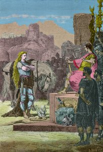 Vercingetorix antautumassa Julius Caesarille Alesian tappion jälkeen vuonna 52 eaa. (Kaiverrus)