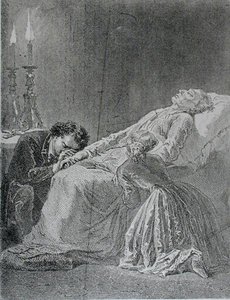 Jean Valjeanin kuolema, kuva Victor Hugon (1802-85) Les Miserablesista tekijältä Alphonse Marie de after Neuville