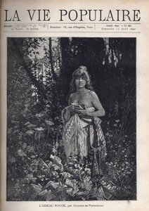 Alaston nuori nainen, seisoo ja decoiffee, peittää vartalonsa huovalla, ympäröimänä kasvillisuus ja puut, jotka peittävät takorautaverkon. Kuvitus: Alfons Maria Mucha (Alphonse Marie Mucha tekijältä Alphonse Mucha