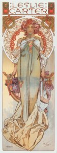 Alphonse Muchan mainoskuvitus, joka edustaa näyttelijä Leslie Carteria hänen uudessa näytelmässään "Kassa" - 1908 Dim 78x209 cm Yksityinen kokoelma tekijältä Alphonse Mucha