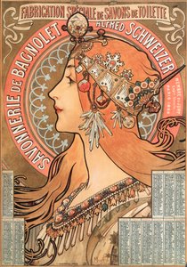 Vuoden 1898 kalenterisivu, koristelu Alphonse Muchan (1860-1939) mainoskuvitukselle Saippuayhtiö Savonnerie de Bagnolet Alfred Schweizer - Mainoskuvitus Alphons ( tekijältä Alphonse Mucha