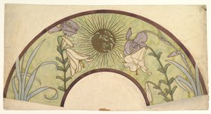 Suunnittelu tuulettimelle, jossa on auringonsäteitä, liljoja ja iiriksiä, 1800-luvun loppu - 1900-luvun puoliväli tekijältä Alphonse Mucha