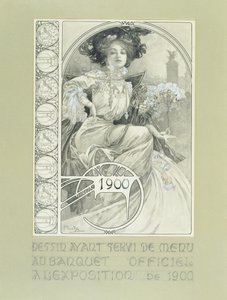 Pariisin kansainvälisen näyttelyn virallinen juhla-ateria 1900. Menun suunnittelu. tekijältä Alphonse Mucha