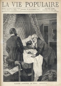 Kaksi miestä kumartuu sängyn yli nähdäkseen miehen kuoleman. Ovella muut miehet katsovat kohtausta. Kuvitus: Alfons Maria Mucha (Alphonse Marie Mucha tekijältä Alphonse Mucha