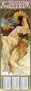 Nainen syystunnelmassa - kirjoittanut Mucha, kalenteri "" Chocolat Mexicain Chocolat Masson", heinä-, elo-, syyskuu 1897. tekijältä Alphonse Mucha