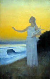 Hymni merelle Nuori nainen, jolla on lyyra merelle päin. Hahmo muistuttaa antiikin Saphon kreikkalaista runoilijaa. Alphonse Osbertin (1857-1939) maalaus 1900 Yksityinen kokoelma