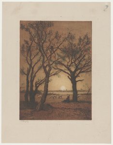 Maisema lampaiden kanssa auringonlaskun aikaan Iltamaisema lampaiden kanssa Drenthessä tekijältä Alphonse Stengelin (signed by artist)