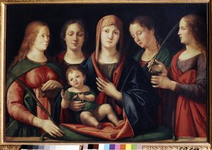 Neitsyt ja lapsi Marie Madeleinen kanssa Sainte Catherine ja kaksi pyhää (Madonna ja lapsi Maria Magdalenan kanssa, Pyhä Katariina ja kaksi pyhää). Alvise Vivarinin maalaus (noin 1446-noin 1505). Öljy kankaalle, 89 x 129 cm