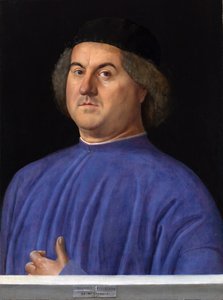 ""Miehen muotokuva"" Siniseen tunikkaan pukeutunut porvari - Alvise Vivarinin maalaus (noin 1446-noin 1505) 1497 Lontoon kansallisgalleria