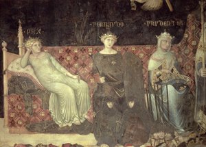 Hyvän hallituksen allegoria, yksityiskohta rauhasta, lujuudesta ja varovaisuudesta, 1338-40 tekijältä Ambrogio Lorenzetti
