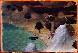 Linna järven rannalla, Ambrogio Lorenzetti (1319-1347), maalaus puulle, 22x33 cm. tekijältä Ambrogio Lorenzetti