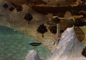 Linna järven rannalla, kirjoittanut Ambrogio Lorenzetti (1290-n. 1348), Tempera puun päällä, 22,5x33 cm tekijältä Ambrogio Lorenzetti