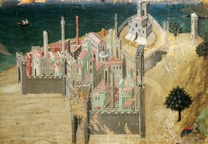 Kaupunki meren rannalla, kirjoittanut Ambrogio Lorenzetti (1290-n. 1348) Tempera ja kulta puulla, 22,5x33,5 cm tekijältä Ambrogio Lorenzetti
