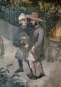 Hyvän hallinnon vaikutukset maaseudulla, yksityiskohta kahdesta miehestä kävelemässä ja puhumassa tekijältä Ambrogio Lorenzetti