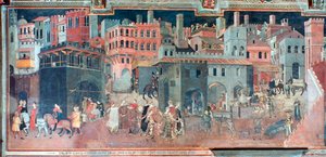 Hyvän hallinnon vaikutukset kaupunkielämään, yksityiskohta, c1330 tekijältä Ambrogio Lorenzetti