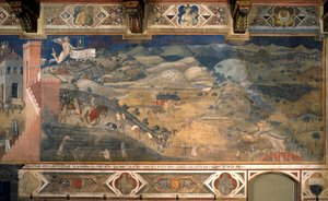 "Hyvän ja huonon hallituksen vaikutukset kaupungissa ja maalla". Yksityiskohta hyvän hallinnon vaikutuksista maaseudulla. Ambrogio Lorenzettin (1290-1348) maalaus 1338-1340. Fresko. Hall of the Nines tai Hall of Peace, Palazzo Publico de Si tekijältä Ambrogio Lorenzetti
