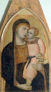 Madonna ja lapsi, yksityiskohta Triptyykistä, joka kuvaa Ambrogio Lorenzettin (1290-n. 1348) Madonnaa ja lasta Maria Magdaleenan ja Pyhän Dorothean kanssa, öljy puulle tekijältä Ambrogio Lorenzetti