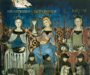 Hyvän hallinnon allegoria ... (seinämaalaus) tekijältä Ambrogio Lorenzetti