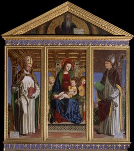 Neitsyt ja lapsi pyhien kanssa Saint Hugh of Avalon (tai Hugh of Lincoln) (1140-1200) ja Saint Hugh of Grenoble (tai Hugh of Chateauneuf) (1053-1132) Ambrogio da Fossano dit il Bergognonen (1481-1522) maalaus Cathedrale Saint Just, Susa, Torino