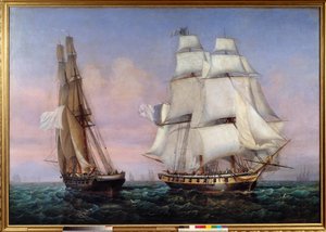 Paluu Elban saarelta 28.02.1815 Napoleon I (1769-1821) aluksella "" The inconstant""" ylittää "" Zephyrin""". Ambroise Louis Garneray (1783-1857) maalaus 1837 su. 1,87x2,27 m tekijältä Ambroise Louis Garneray