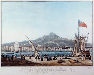 Näkymä Marseillen satamasta Ambroise Louis Garneray (1783-1857) restaurointiakvarellin alla. 1800-luvun Marseille, Musee de la Marine tekijältä Ambroise Louis Garneray