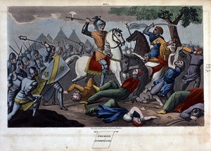 Poitiersin taistelu: Charles Martel voitti Toursin ja Poitiersin välillä Abd al-Rahman I tai Abderamane I (Abd al-Rahman) (731-788), Saraseenien kuningas vuonna 732 - Ambrose Tardieu suunnitteli ja kaivertanut vuonna 1825.
