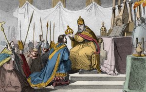 Kaarle Suuri (742-814) kruunasi paavi Leo III:n (n. 750-816) Pietarinkirkossa Roomassa 25. joulukuuta 800 - Kaarle Suuren (742-814) pyhä (742-814) en 800 - Kaiverrus vuodelta 1825 Histoire de France edustaa synoptisia maalauksia