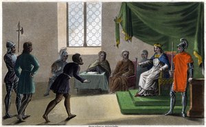 Batilde (tai Bathilde, Clovis II:n vaimo) kumoaa kalliin kunnianosoituksen, jonka gallialaiset maksoivat päätä kohden, niin pienet kuin suuretkin. - Chelles Abbey. Ambroise Tardieun suunnittelema ja kaiverrettu vuonna 1825. tekijältä Ambroise Tardieu