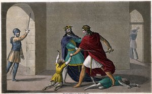 Childebert Annoin Clotairen (Clothairen) teurastaa heidän veljensä Clodomirin, Orleansin kuninkaan, lapset, joiden osavaltiot he jakavat. Ambroise Tardieun suunnittelema ja kaiverrettu vuonna 1825. tekijältä Ambroise Tardieu
