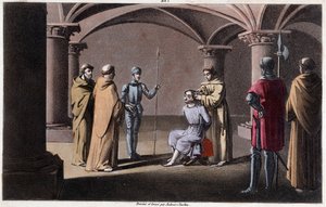 Childeric III tuhoaa ja sulkee sisäänsä Pepin le Briefin luostarissa Saint Omerissa vuosina 742–749. Ambroise Tardieun piirustukset ja hauta vuonna 1825. tekijältä Ambroise Tardieu
