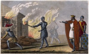 Clotaire (Clothaire) I (497 - 561) polttaa poikansa Chramnen mökissä, kapina häntä vastaan - Clotairen hallitus. Clotaire paloi mökissä, ja hänen poikansa Chramne kapinoi häntä vastaan - Dessine et grave, Ambroise Tardieu vuonna 1825. tekijältä Ambroise Tardieu