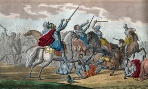 Clovis I (466-511), frankkien kuningas, Merovingien dynastia - Tolbiacin taistelun aikana alamaaneja vastaan hän vannoi kääntyvänsä katolilaisuuteen, jos Jumala antaa hänelle voiton - Piirrä ja hauta Ambroise Tardieu vuonna 1825