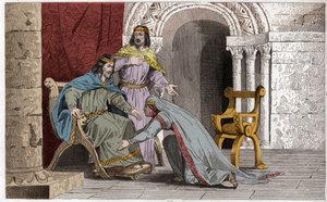 Emme suutelee miehensä Raoulia (d936) polvea tunnustuksena hänen suvereniteetistaan - Emma de France (894-934) suutelee miehensä Raoulia (n. 890-936), jonka hän valitsi kuninkaaksi Kaarle III:n vankeudessa. Yksinkertainen - Kaiverrus 1825 tuumaa tekijältä Ambroise Tardieu