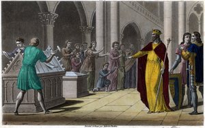 Grimoald, Pépin vanhemman poika, Austrasian palatsin pormestari (642) Sigebert III:n alaisuudessa. Ambroise Tardieun suunnittelema ja kaiverrettu vuonna 1825. tekijältä Ambroise Tardieu