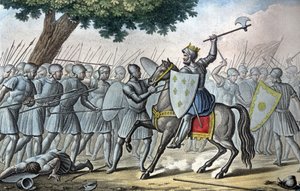 Ludvig VI, joka tunnetaan nimellä "Gros" (1081 - 1137), yrittää Brennevillen taistelussa poistaa Normandian kuningas Henrik I:ltä vuonna 1119. - Suunnitteli ja kaivertaa Ambroise Tardieu vuonna 1825. tekijältä Ambroise Tardieu
