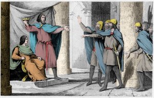 Louis V Indolent näyttää kruunuaan seuraajilleen vuonna 986 - Louis V le Faineant (n. 967-987), julistettiin Ranskan kuninkaaksi Hugues Capetin suojeluksessa, josta tuli Ranskan kuningas vuonna 986 - Kaiverrus vuodelta 1825 " Histoire de France edustaa syn tekijältä Ambroise Tardieu
