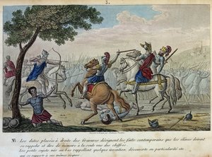 Merovee (447-458) uhmaa Attilaa Catalaunique Fieldsillä lähellä Troyesia Aetiuksen ja Theodoric I:n kanssa. Hän on frangi-salialaisten julkea kuningas ja antoi nimensä Merovingien dynastialle. - Piirrä ja hauta Ambrose Tardieu vuonna 1825. tekijältä Ambroise Tardieu